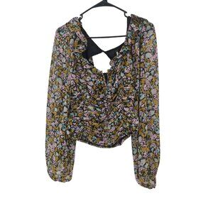 Free People Medium Womens Top Mabel Printed Smocked Blouse Boho